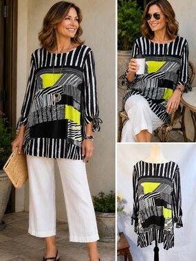 IC by Connie K Abstract Stripe Wearable Art Tunic Tie Sleeve Top USA Sz M🧡